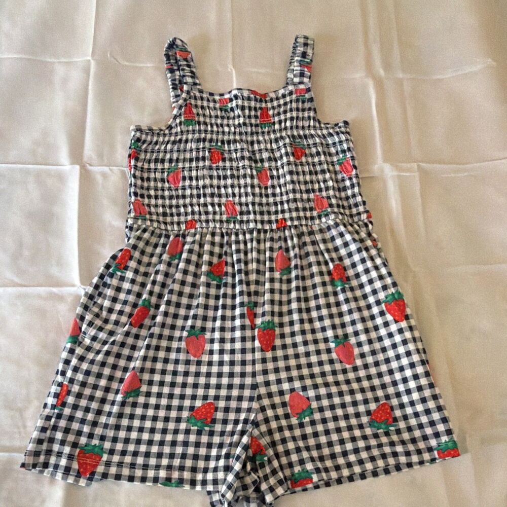 Old Navy Girls XL (14-16) Gingham Strawberry Smocked Sleeveless Cotton Romper